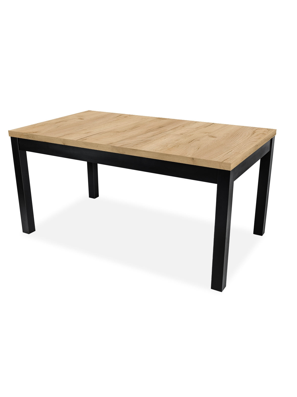 Stół rozkładany Werona 140-220x80 cm z drewnianym blatem i czarnymi nogami, widok z boku