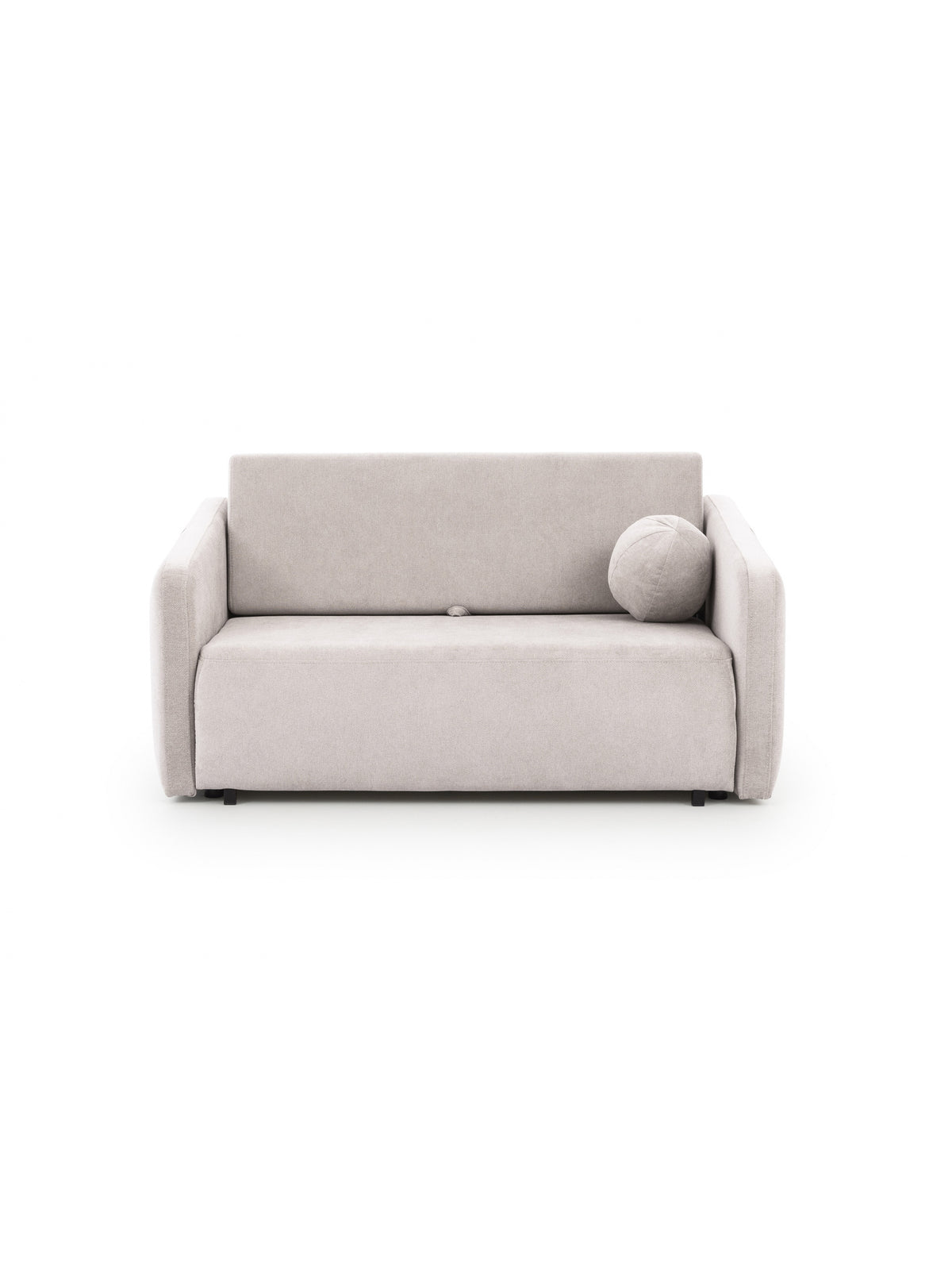 Sofa Zeldia 135 w beżowym kolorze z funkcją spania i czarnymi nóżkami, widok frontalny