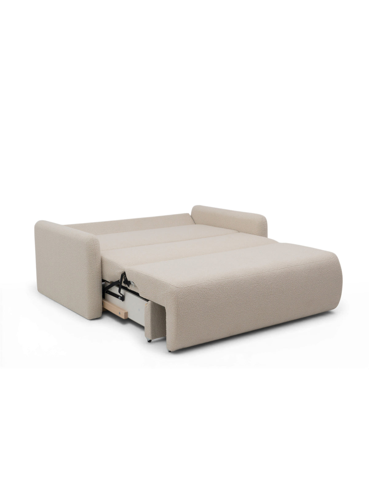 Sofa rozkładana Nido trzyosobowa 140 cm w beżowym kolorze z pojemnikiem i widocznym mechanizmem rozkładania