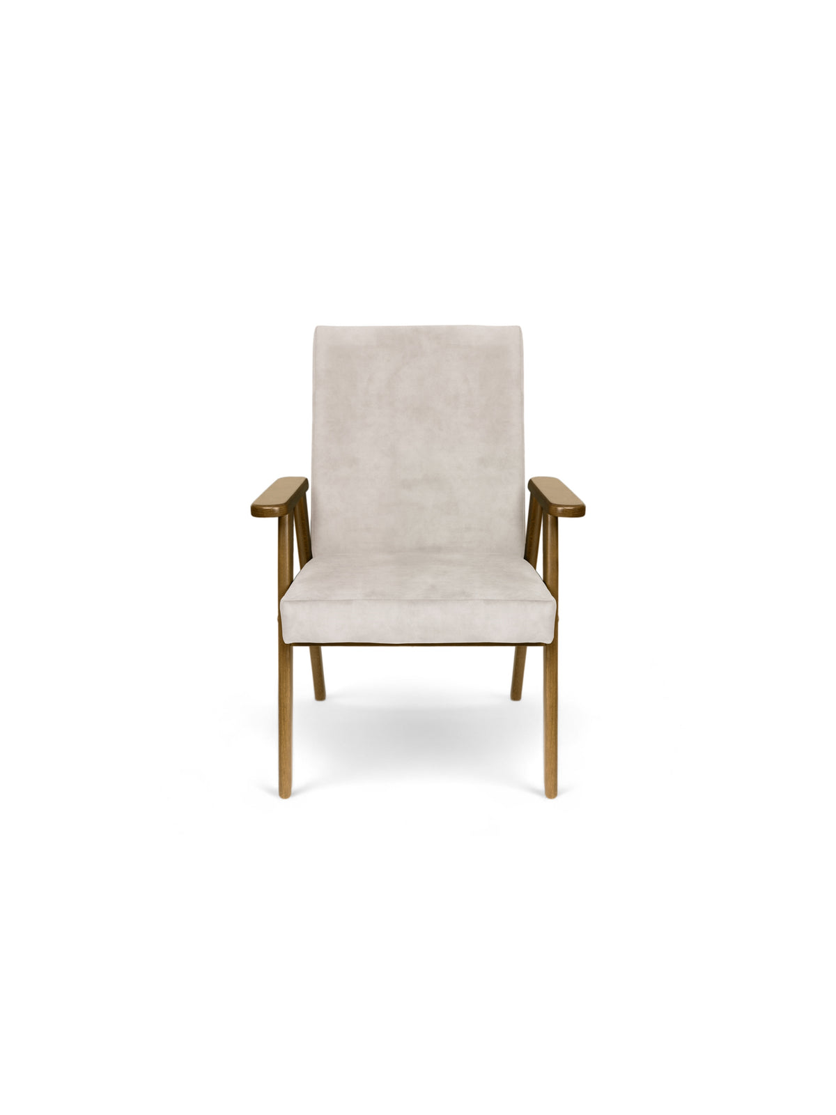Fotel Klubowy PRL w stylu Mid-Century Modern z drewnianymi nogami i jasnym obiciem, widok z przodu