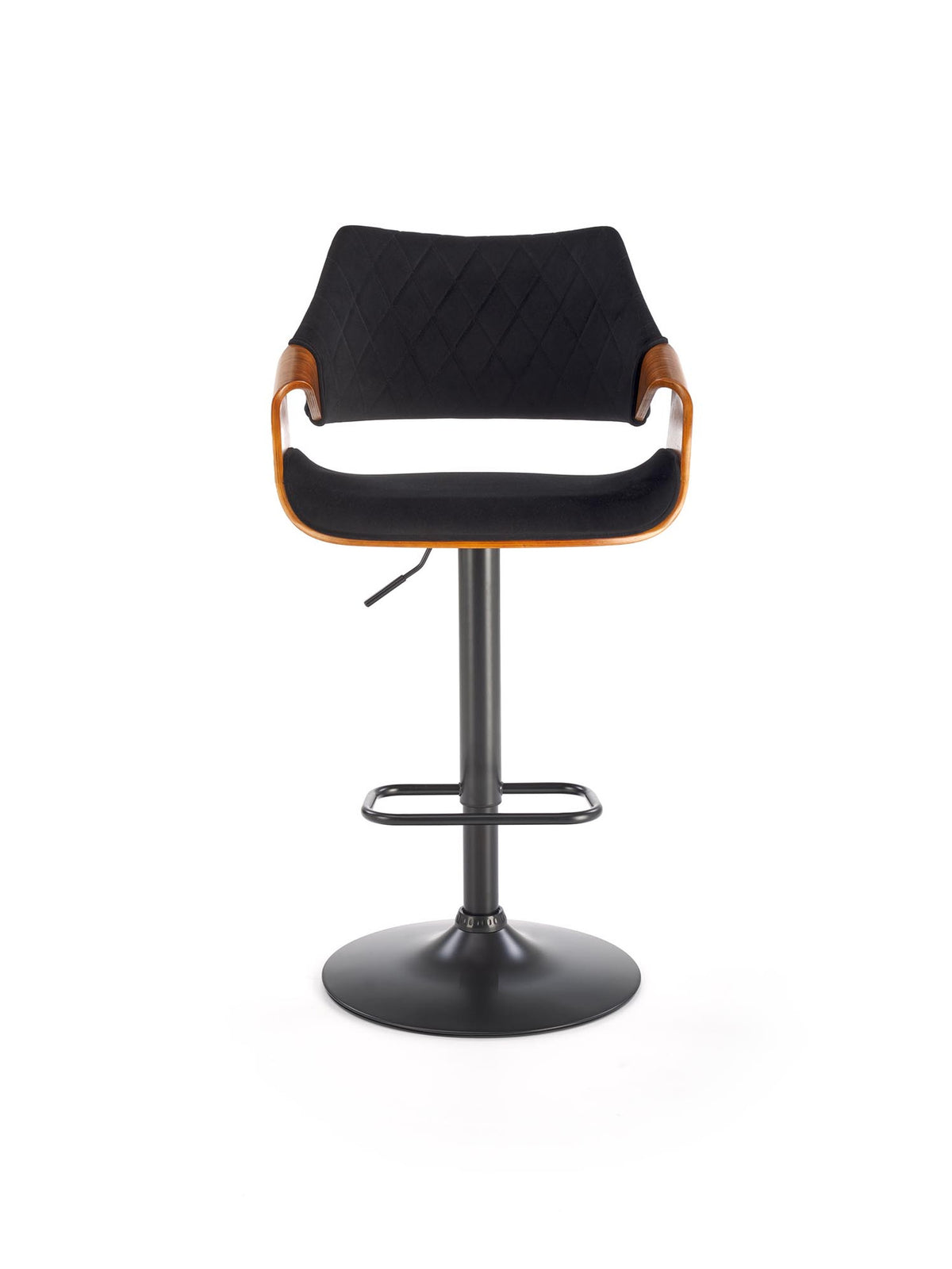 Hoker obrotowy Nerevo czarny z orzechowym korpusem i metalową podstawą, widok z przodu