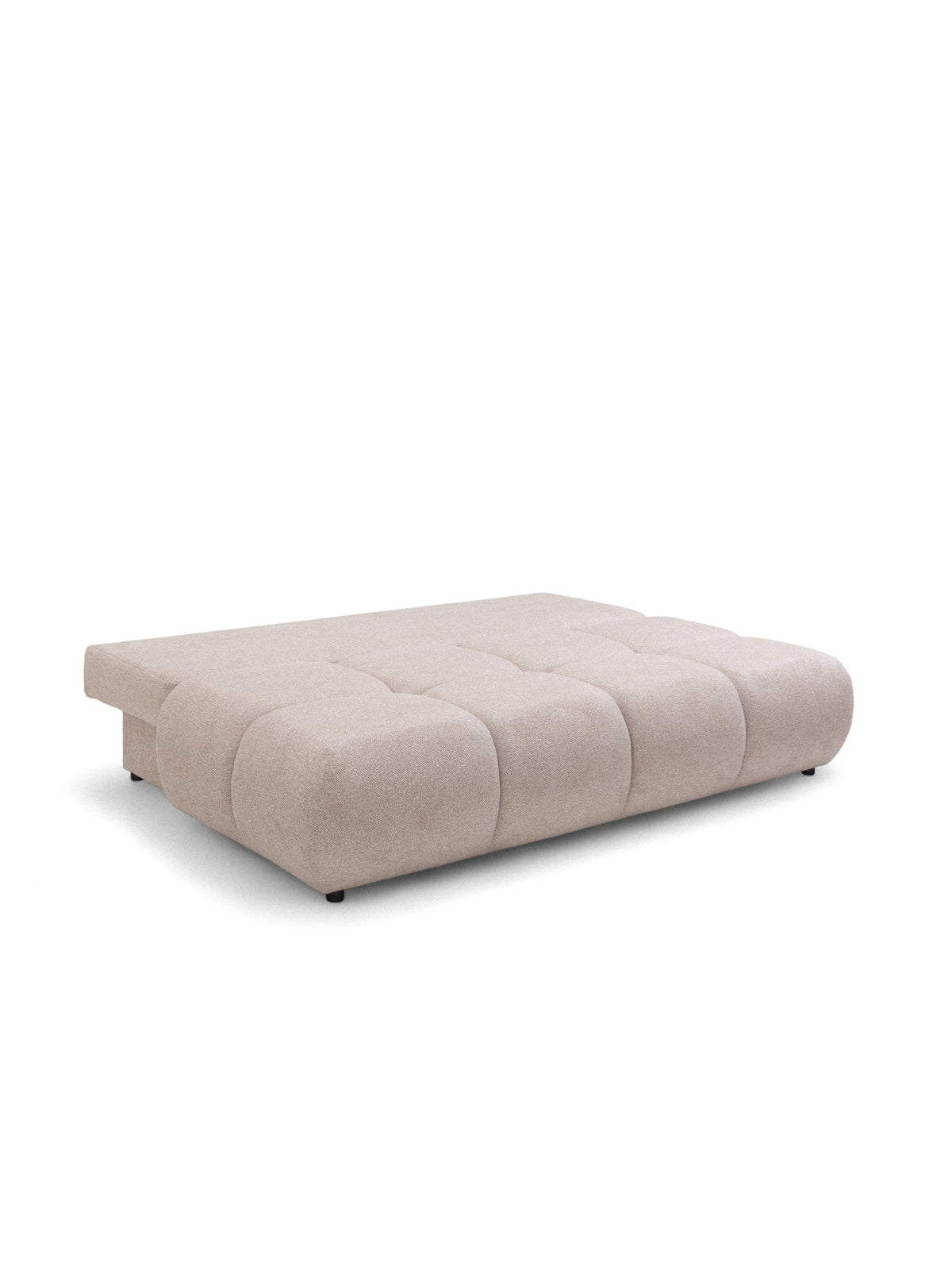 Kanapa Lerio rozłożona do spania, jasnobeżowa z pikowanym siedziskiem i metalowymi nogami