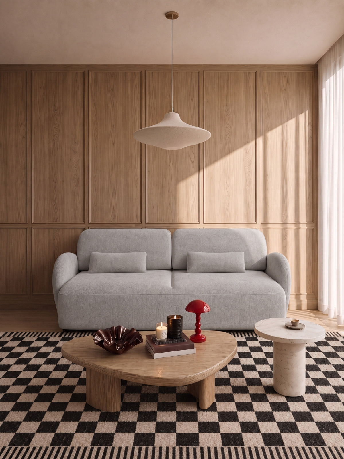 Kanapa z funkcją spania Elora w szarym szenilu Vibe 86, nowoczesny design, trzyosobowa