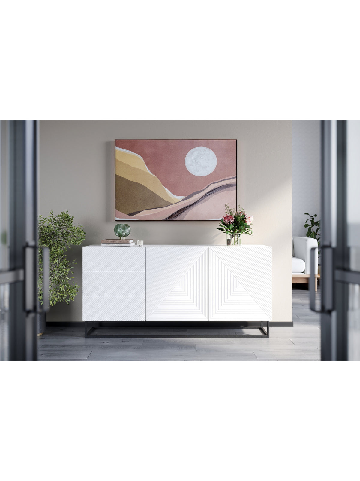 Komoda Asha 167 cm dwudrzwiowa z szufladami, biały mat, czarny stelaż, nowoczesny design