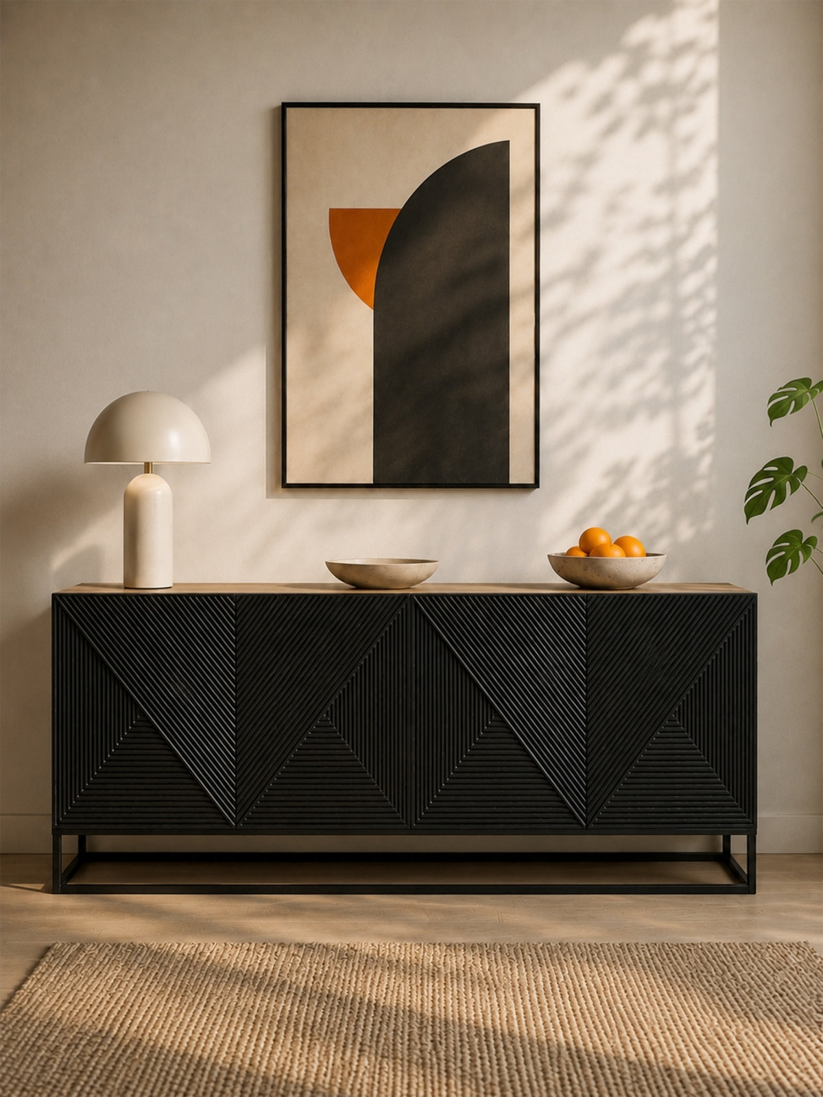 Komoda Asha 200 cm czterodrzwiowa - artisan / czarny mat / czarny stelaż
