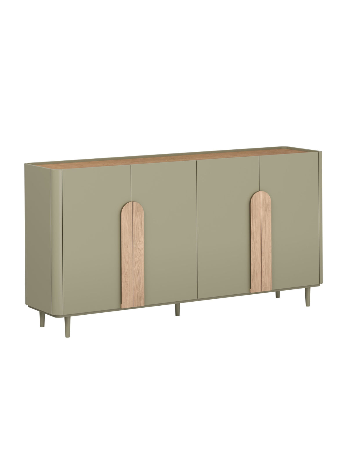 Komoda Amilio 200 cm czterodrzwiowa w kolorze eukaliptus z blatem dąb baltic dune