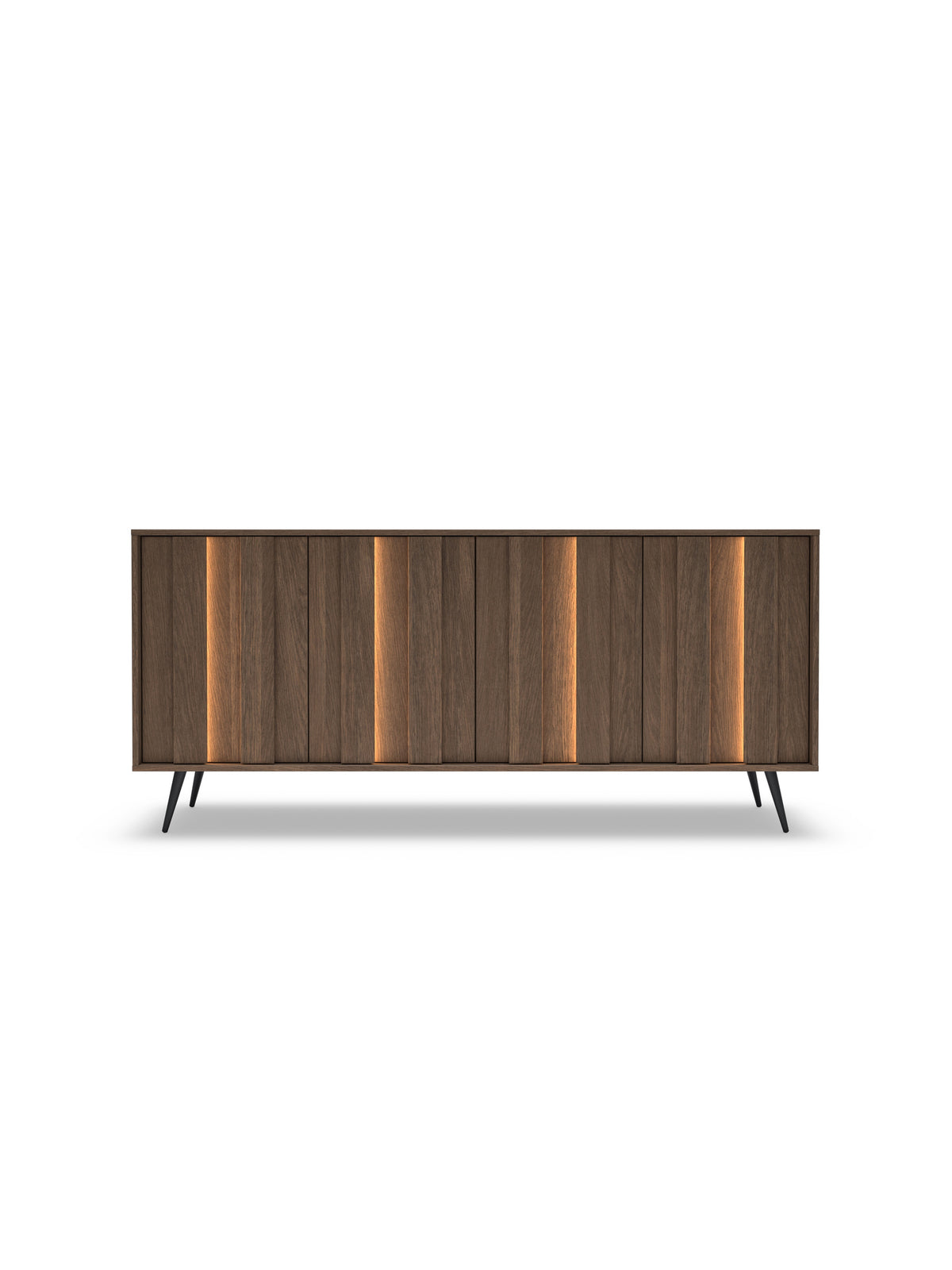 Komoda Flaro 183 cm z oświetleniem LED w kolorze dąb dunin, czarne metalowe nogi, nowoczesna