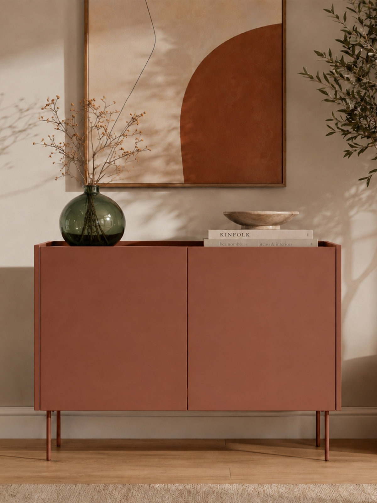 Komoda Desin 120 cm dwudrzwiowa bordowa ceramic red z blatem dąb nagano