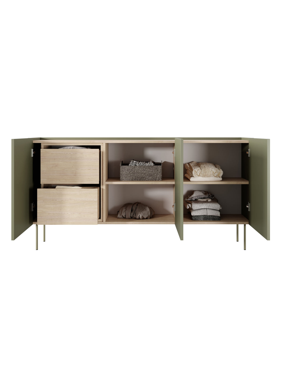 Komoda Desin trzydrzwiowa oliwka z dwiema szufladami i dębowym blatem, widok wnętrza