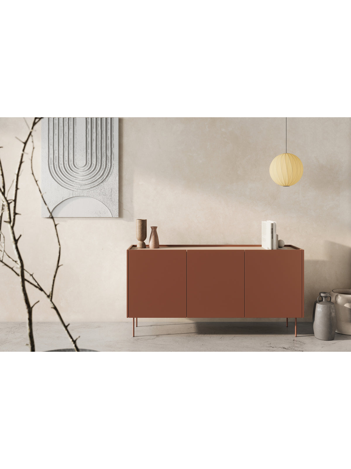 Komoda Desin 170 cm trzydrzwiowa w kolorze ceramic red z blatem dębowym