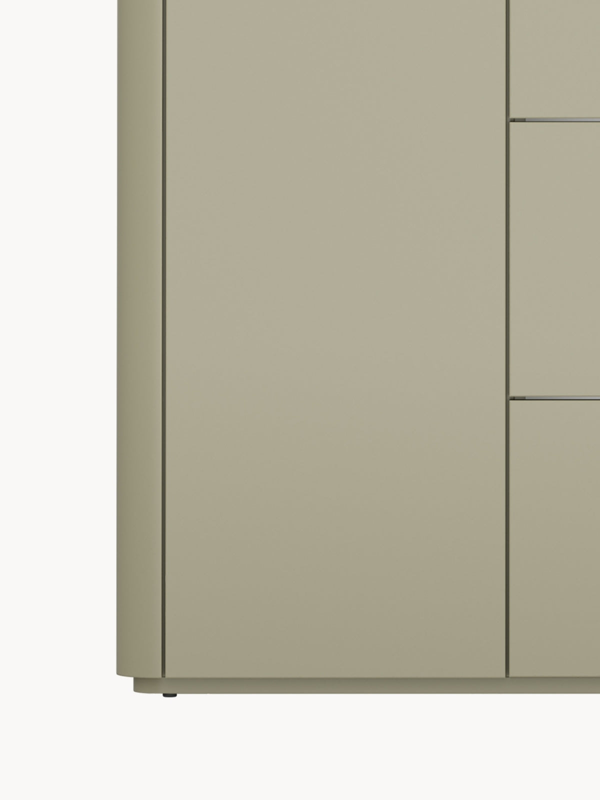 Komoda Elivo 150 cm z szufladami w kolorze eukaliptus z blatem dąb baltic dune, widok detalu frontu