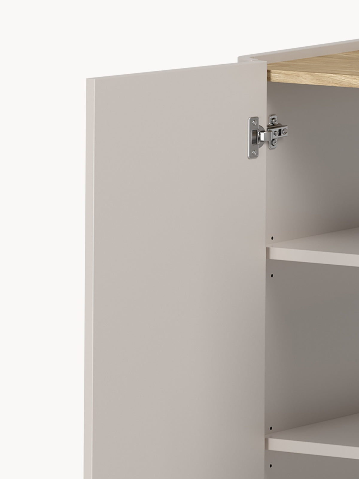 Komoda Elivo 150 cm kaszmir z szufladami i uchwytem push to open widok na wnętrze