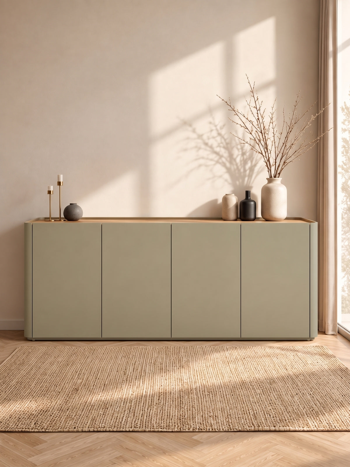 Komoda Elivo 200 cm czterodrzwiowa w kolorze oliwkowym z blatem dąb baltic dune