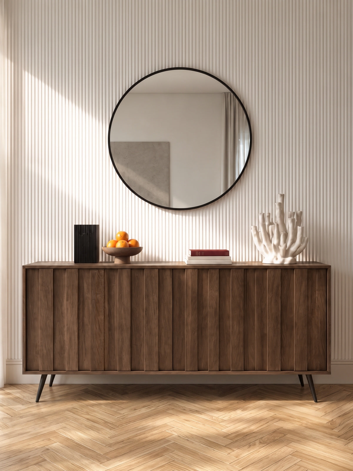 Komoda Flaro 183 cm w kolorze dąb dunin z czarnymi nóżkami i ciepłym oświetleniem LED