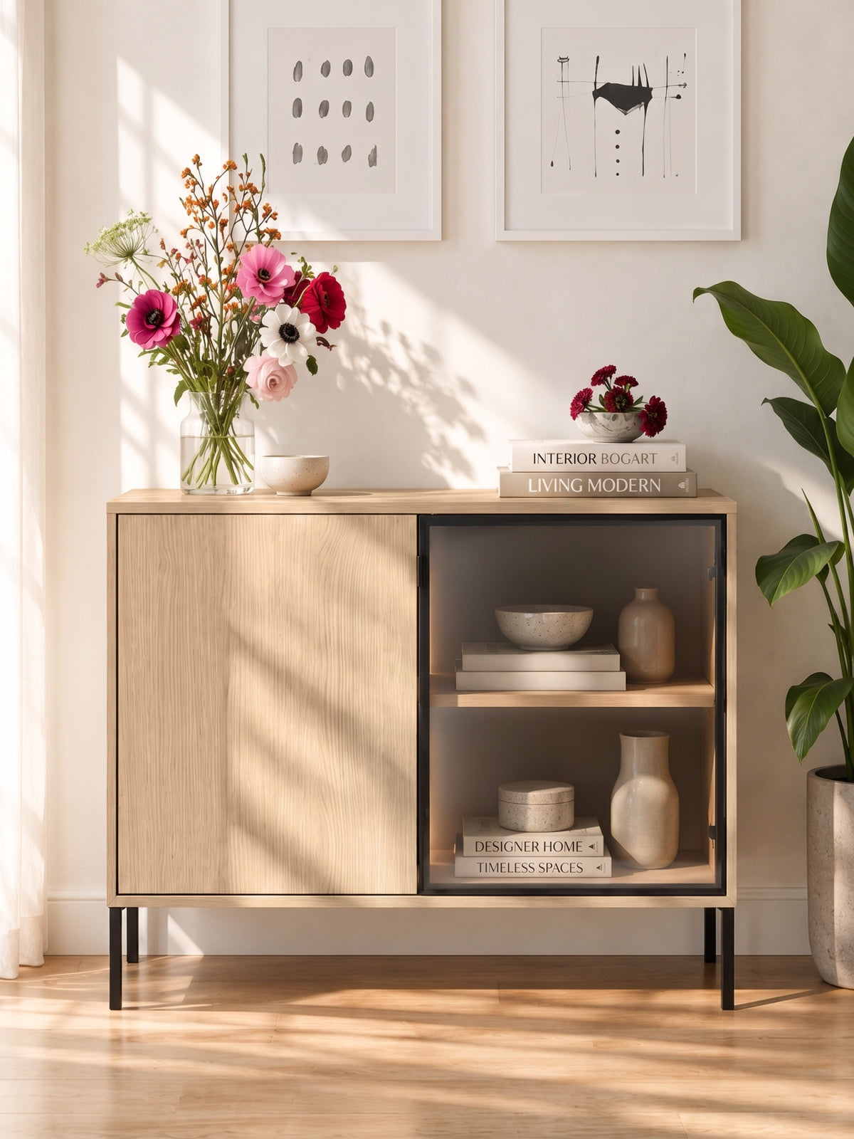 Komoda Harmona 107 cm dwudrzwiowa z oświetleniem LED, dąb lindberg, czarne nóżki