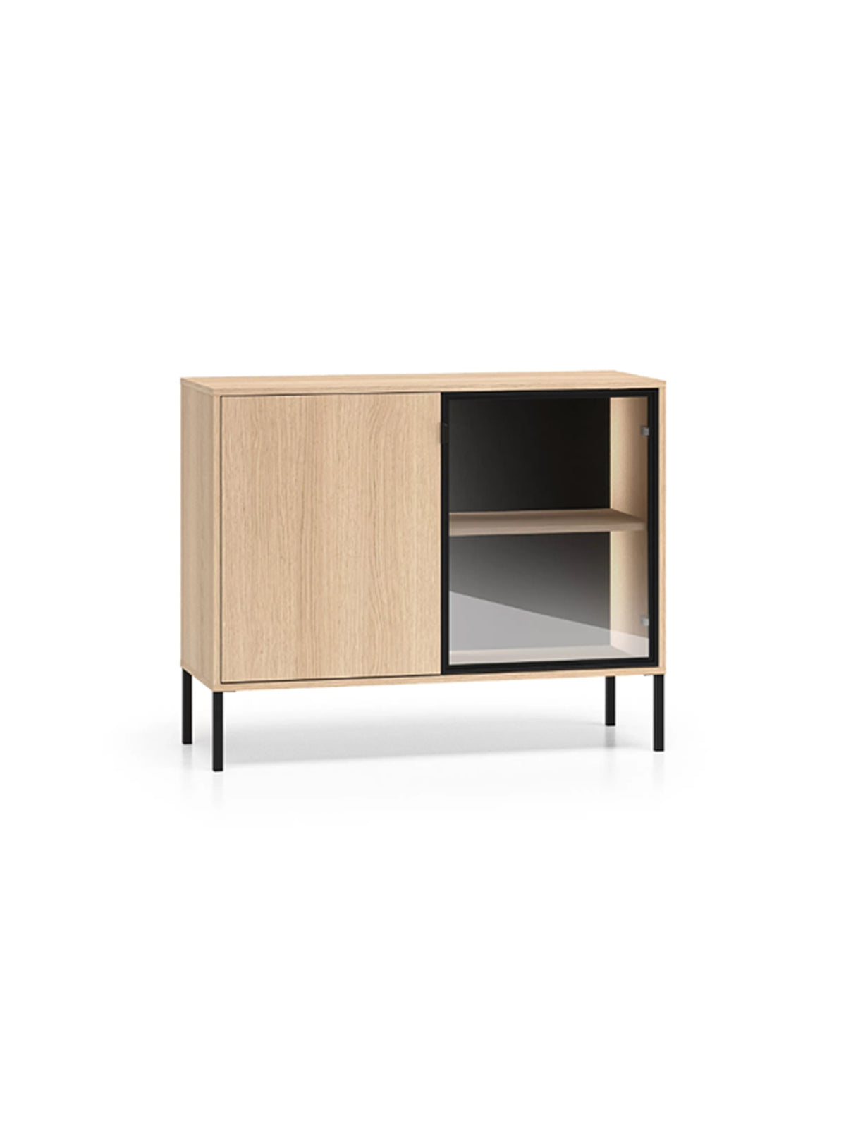 Komoda Harmona 107 cm dwudrzwiowa z oświetleniem LED, dąb lindberg, czarne nóżki
