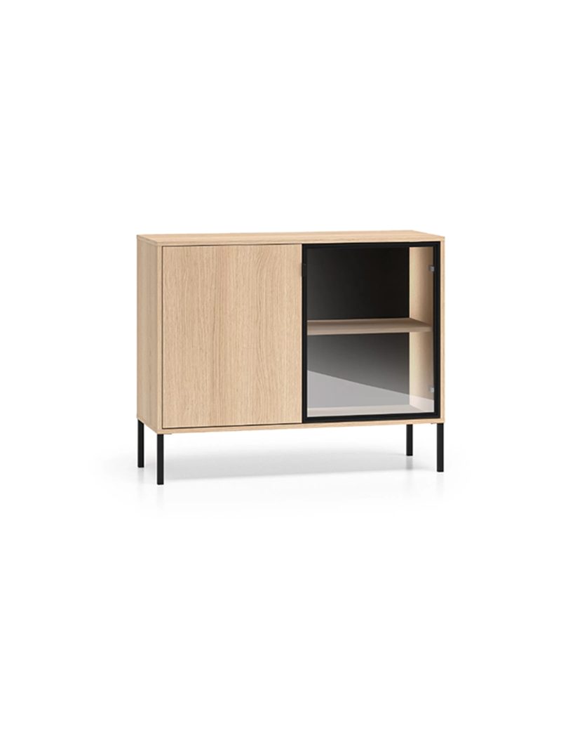 Komoda Harmona 107 cm dwudrzwiowa z oświetleniem LED, dąb lindberg, czarne nóżki