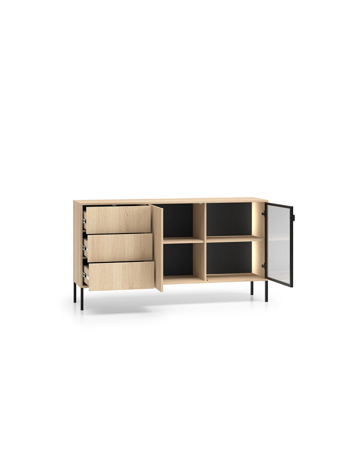 Komoda Harmona 160 cm z szufladami i LED, dąb lindberg, otwarte drzwi i szuflady