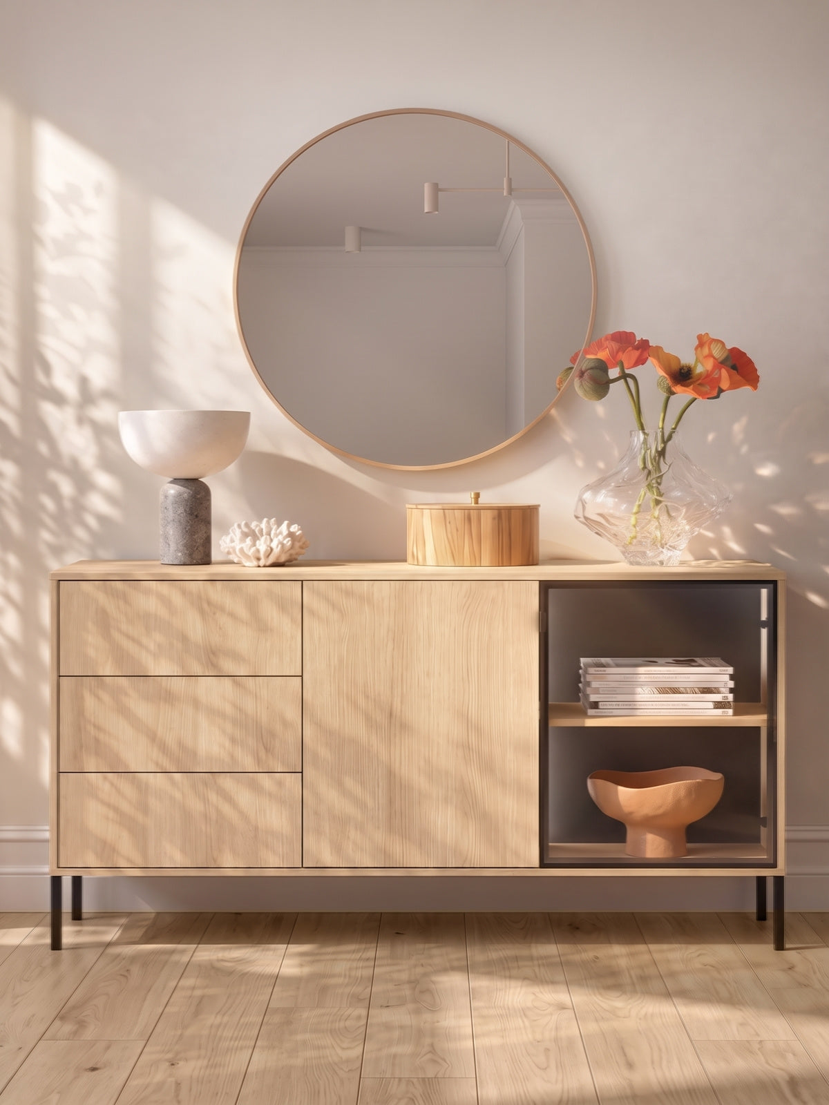 Komoda Harmona 160 cm z jasnym frontem dąb lindberg, czarne nóżki i oświetlenie LED