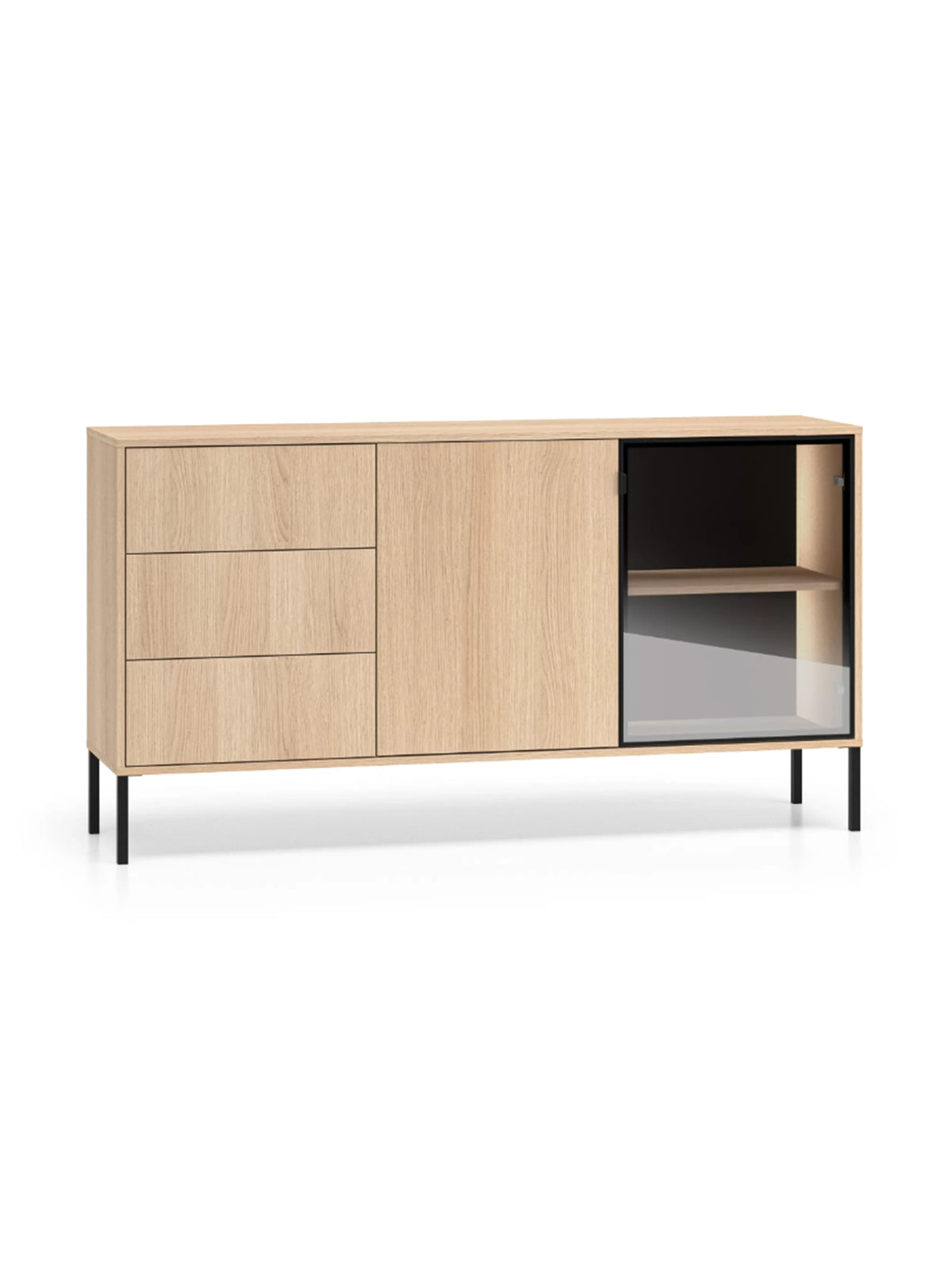 Komoda Harmona 160 cm z szufladami, drzwiczkami i LED w kolorze dąb lindberg, czarne nóżki