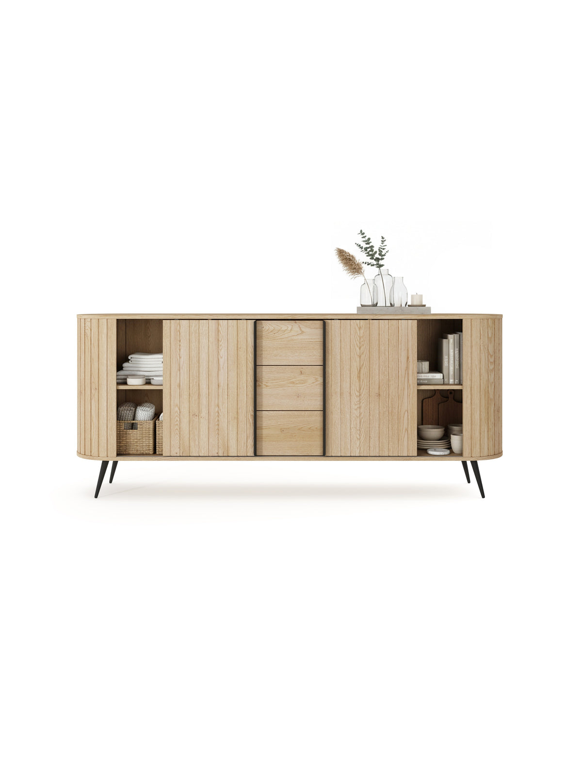 Komoda Luvio 196 cm z szufladami, dąb cremona, czarne nogi, front ryflowany