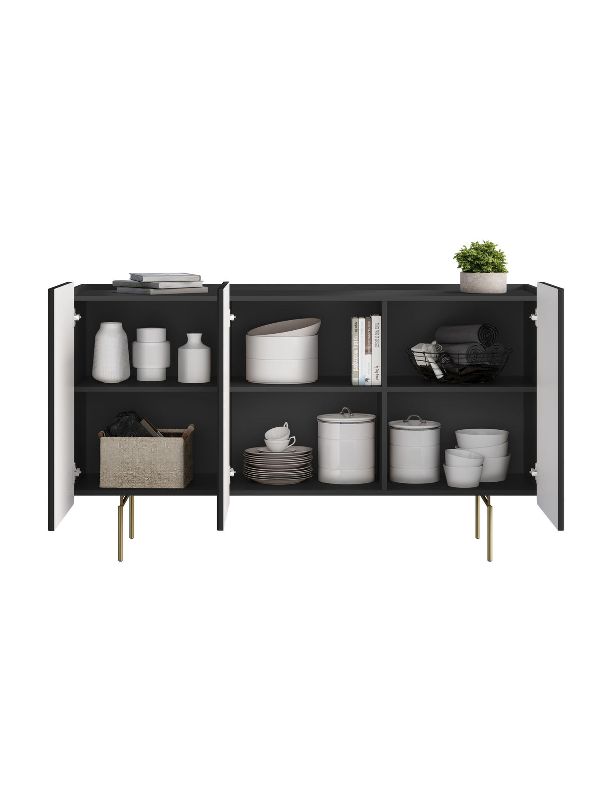 Komoda Malmi 150 cm trzydrzwiowa - czarny mat / złote nóżki