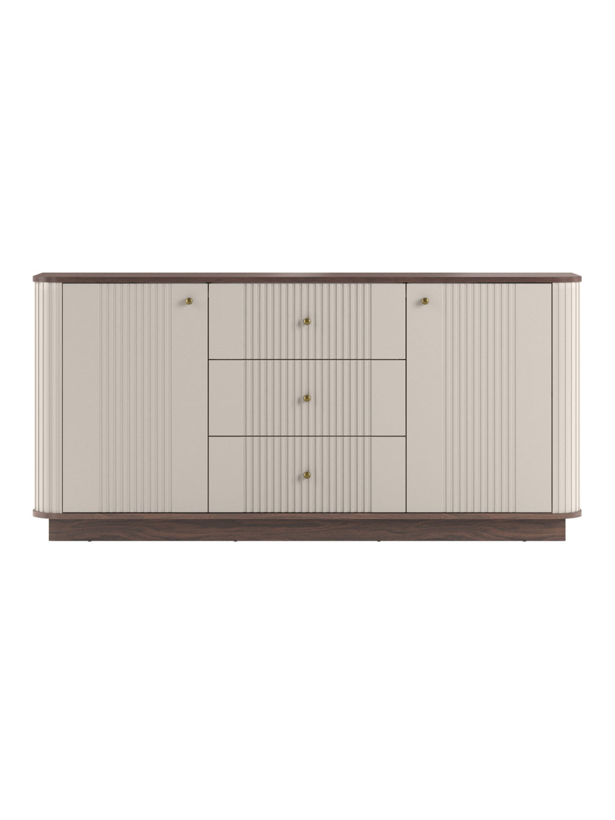 Komoda Vesper 160 cm w kolorze kaszmir z orzechowym blatem i złotymi uchwytami, widok frontu