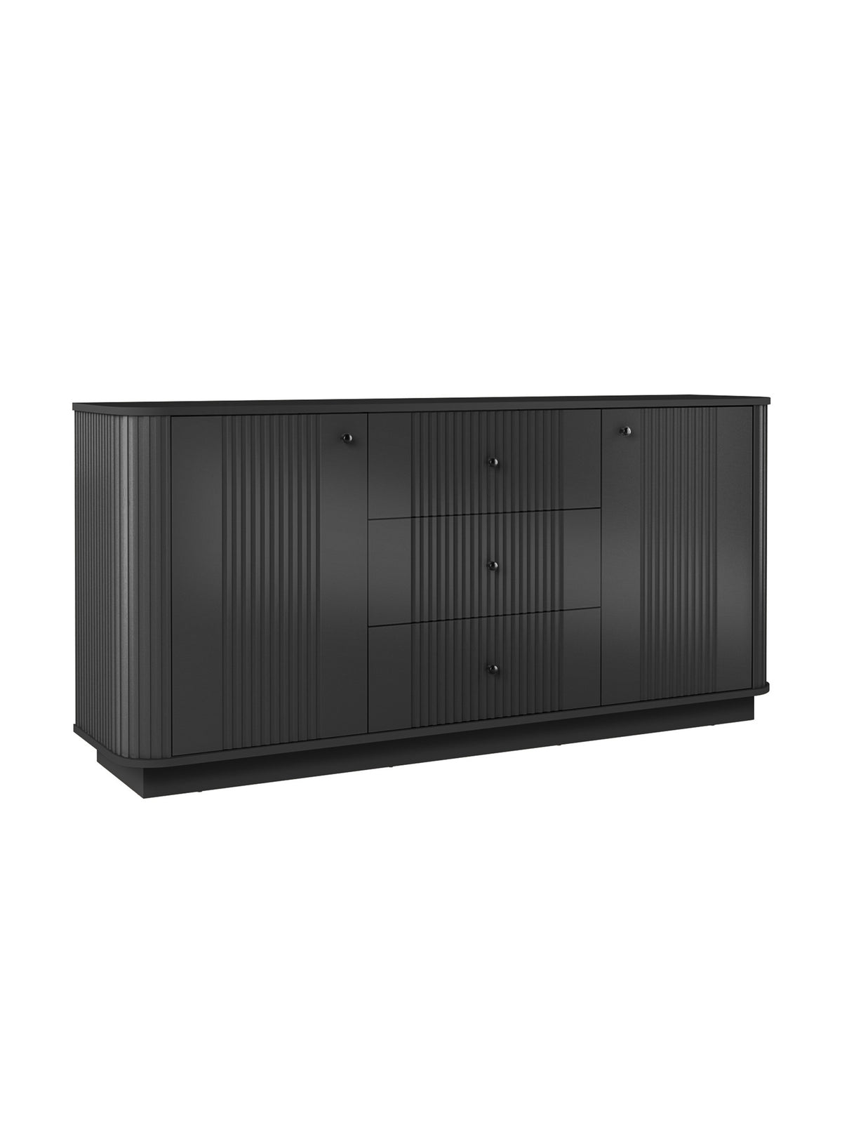 Komoda Vesper 160 cm czarna z ryflowanymi frontami i trzema szufladami na cokole