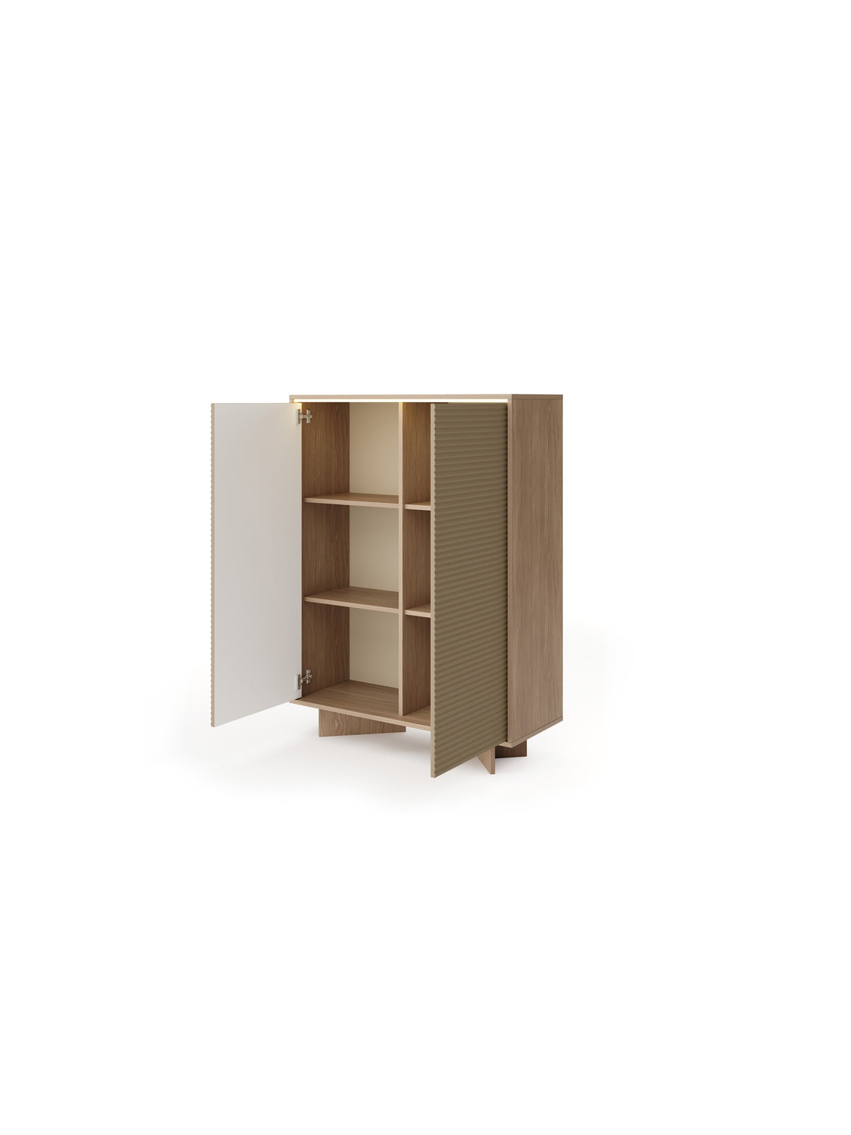 Komoda wysoka Erini 104 cm dwudrzwiowa, beżowy korpus bolivar i front cappuccino, otwarta