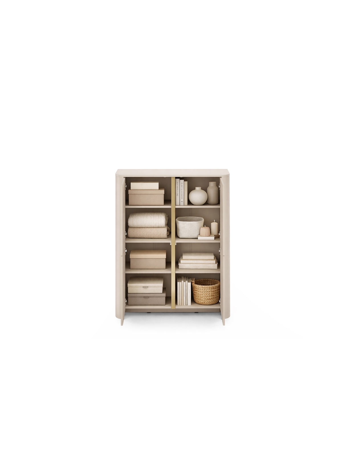 Wysoka komoda Sorrenti 103 cm kaszmir z dekoracyjnym złotym profilem, otwarta frontem