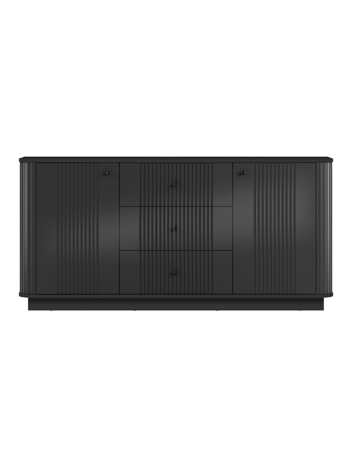 Komoda Vesper 160 cm czarna z ryflowanymi frontami i trzema szufladami na cokole