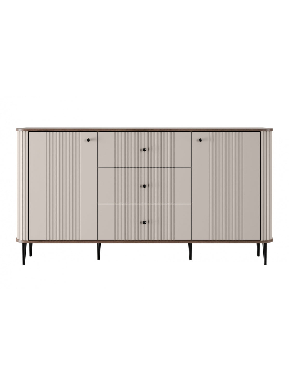 Komoda Vesper 160 cm kaszmir z szufladami i czarnymi nóżkami, ryflowany front