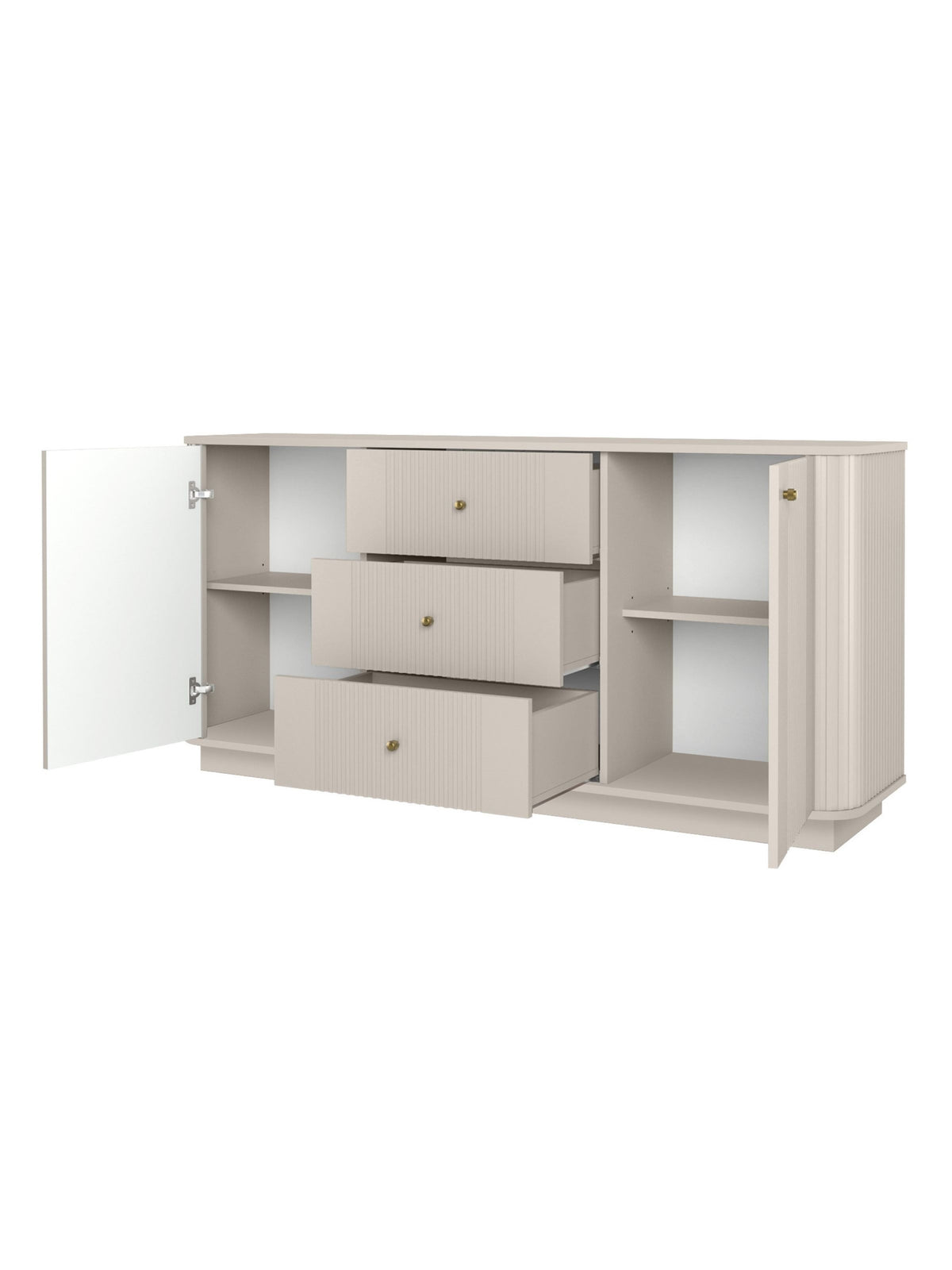 Komoda Vesper 160 cm kaszmir z trzema szufladami i dwoma drzwiami otwarta