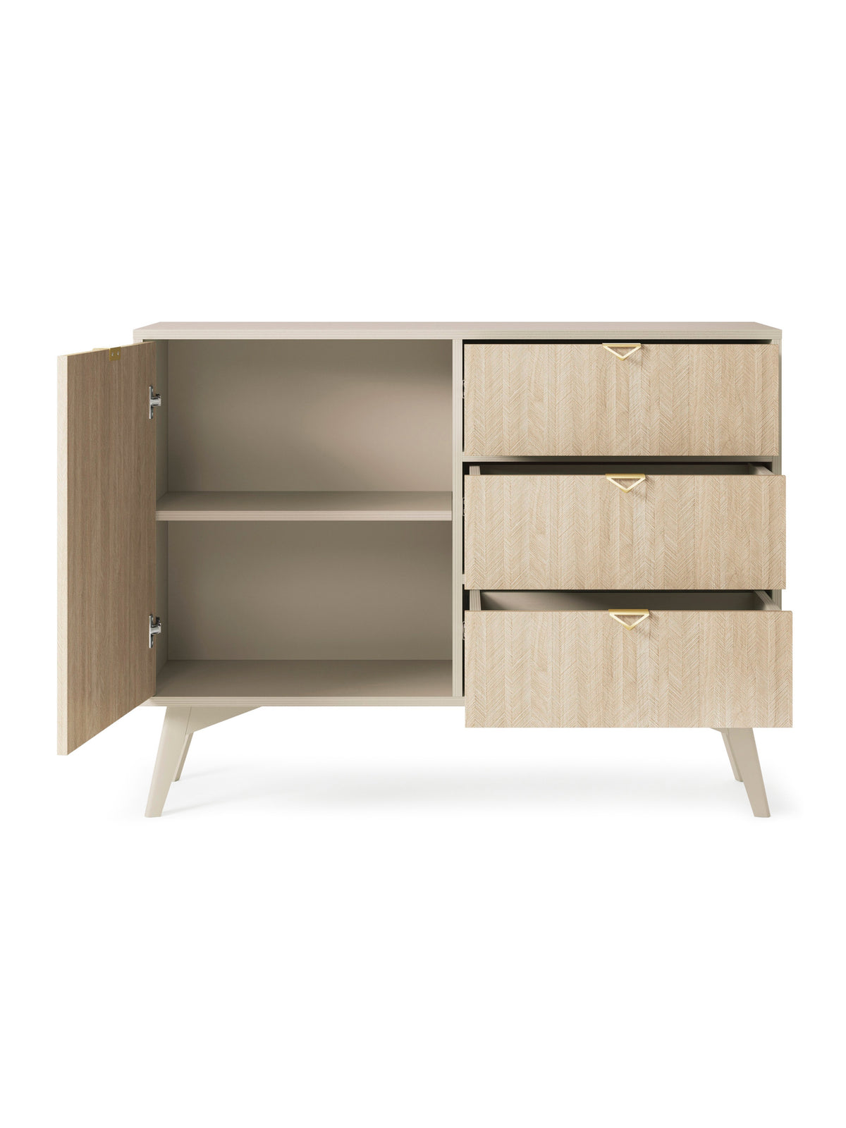 Komoda Lumira 106 cm beige z jodełkowym frontem, 1 drzwi i 3 szufladami, widok wnętrza