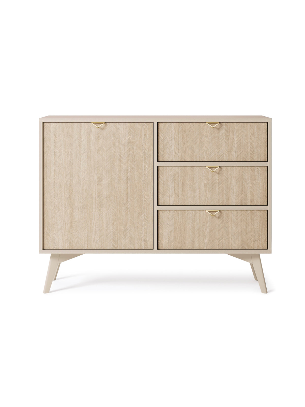 Komoda Lumira 106 cm jednodrzwiowa z 3 szufladami w kolorze piaskowym z jodełką scandi