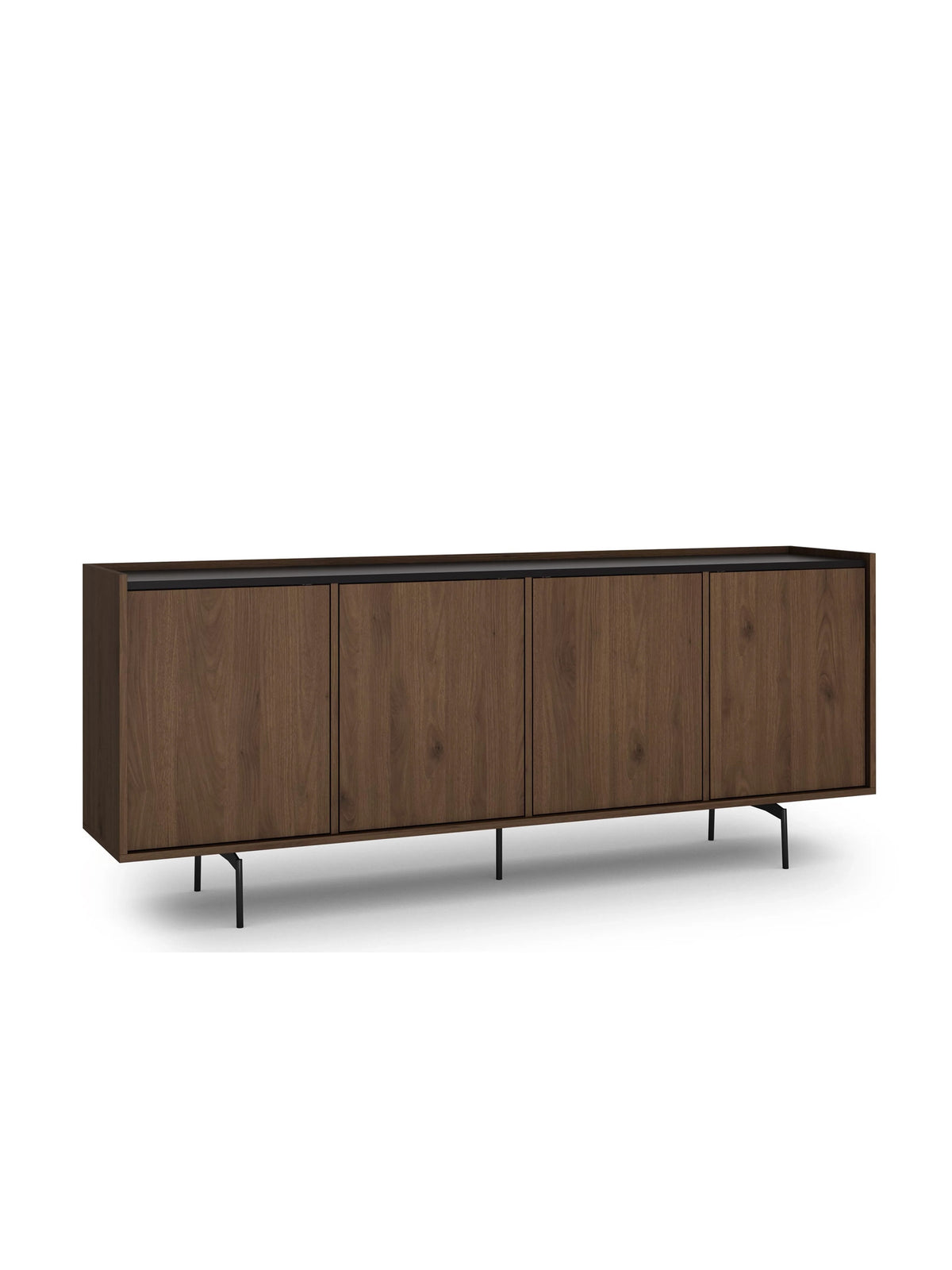 Komoda Zenar 200 cm czterodrzwiowa w kolorze orzech elegant z czarnym blatem i nóżkami