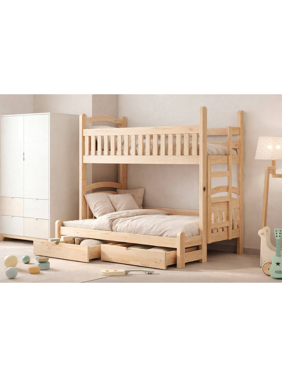 Łóżko piętrowe Amely Maxi 90x200/120x200 prawostronne z drewna sosnowego w stylu skandynawskim
