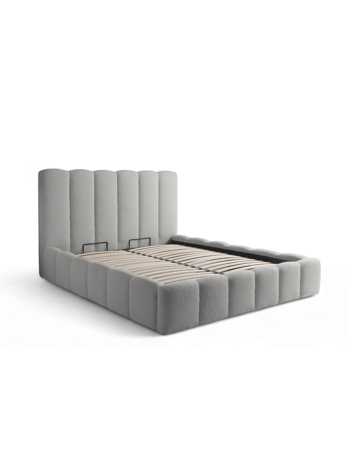 Łóżko tapicerowane Aura 180x200 w szarej tkaninie boucle z pojemnikiem na pościel