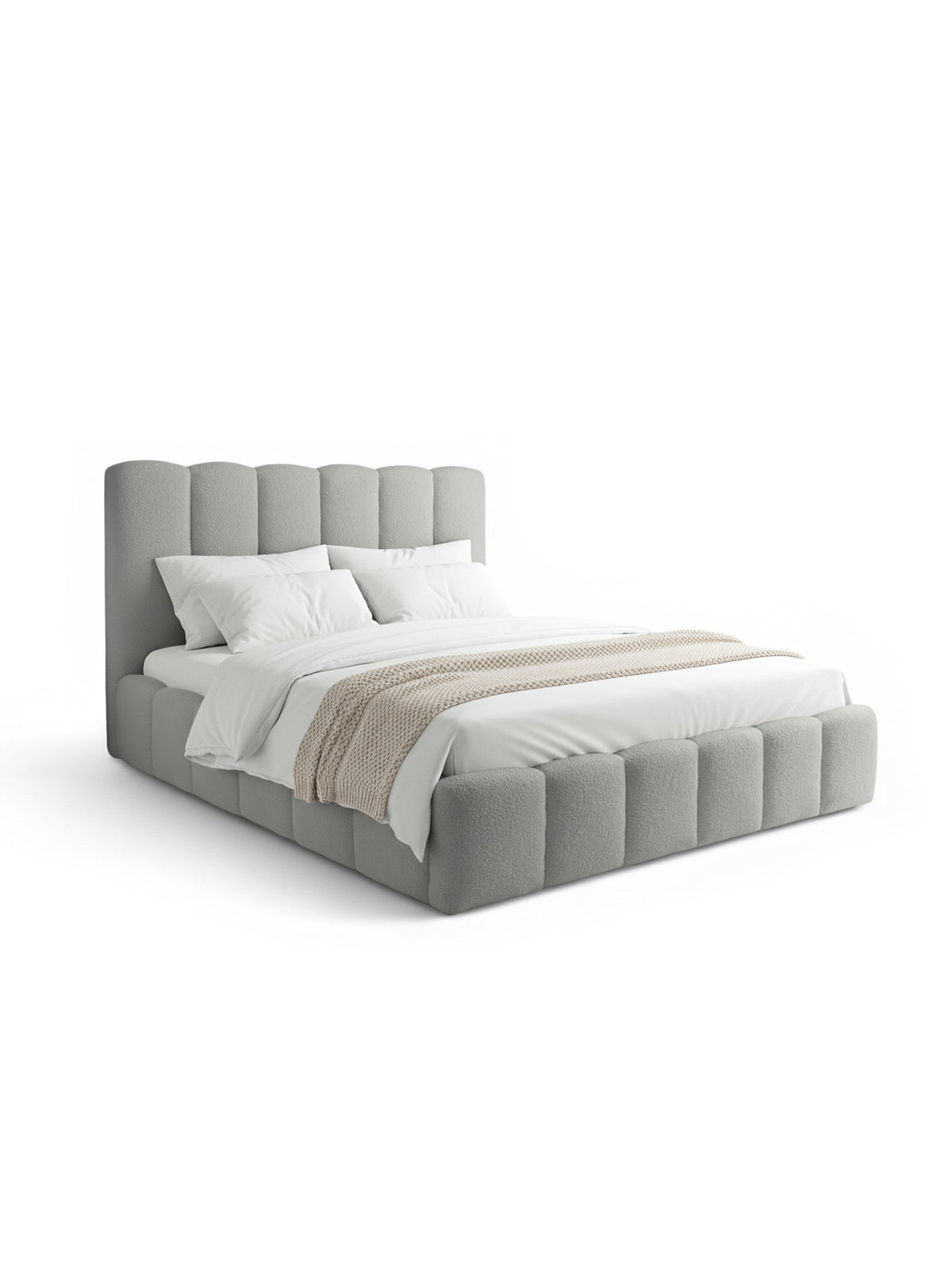 Łóżko tapicerowane Aura 180x200 w szarej tkaninie bouclé, widok z przodu