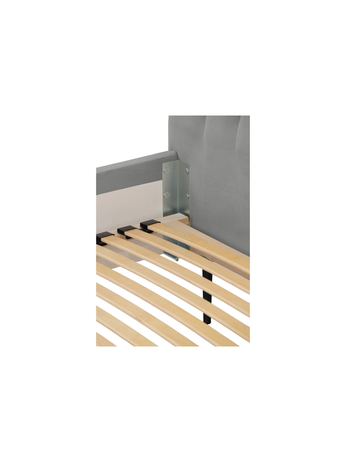 Detal stelaża łóżka tapicerowanego Livani 160x200 w szarym welurze Velluto 16