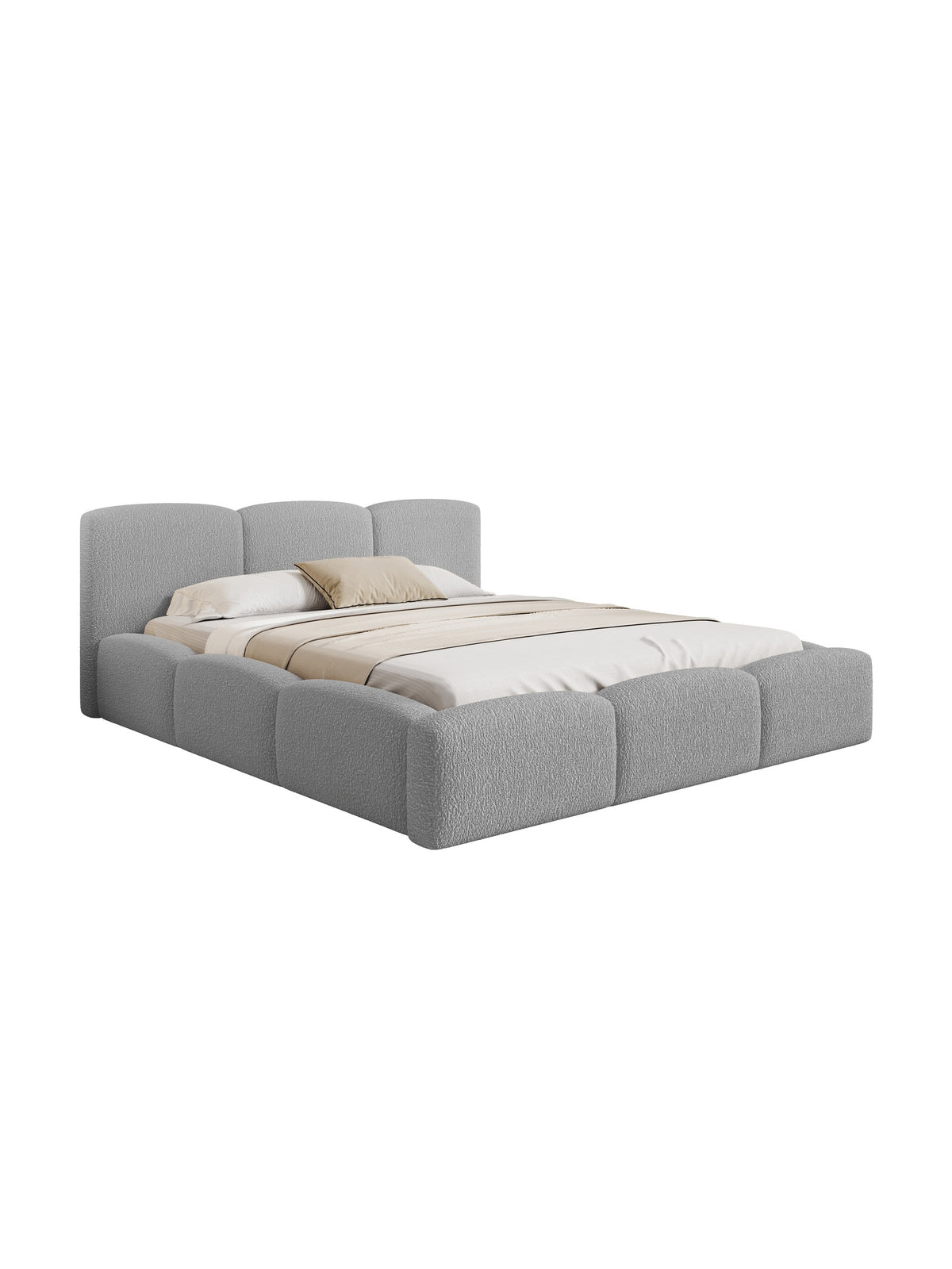 Łóżko tapicerowane Marios 160x200 szare w tkaninie boucle z pojemnikiem, widok z przodu