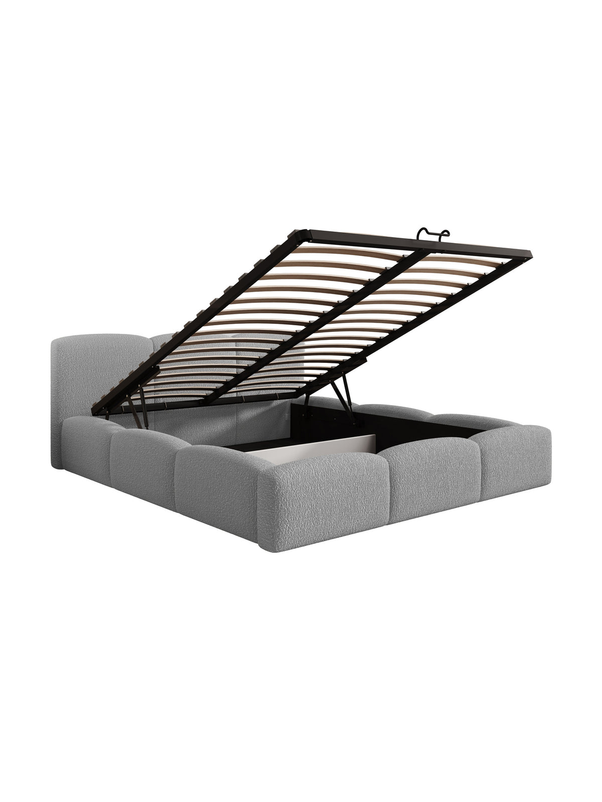 Łóżko tapicerowane Marios 160x200 szara bukla z otwartym pojemnikiem na pościel