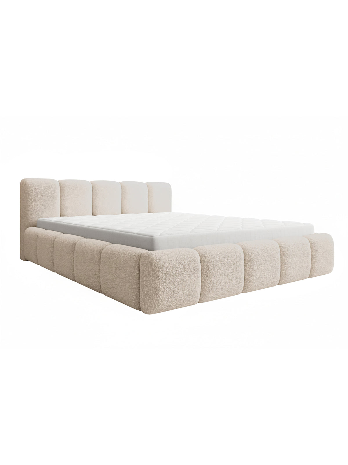 Łóżko tapicerowane Tesia 160x200 w beżowej tkaninie boucle widok z boku