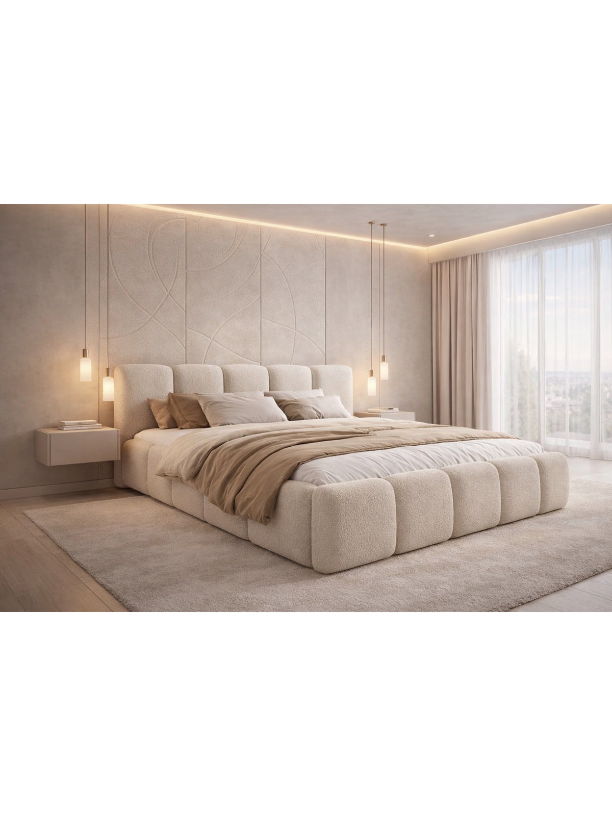 Łóżko tapicerowane Tesia 180x200 w beżowej tkaninie bouclé, widok z przodu