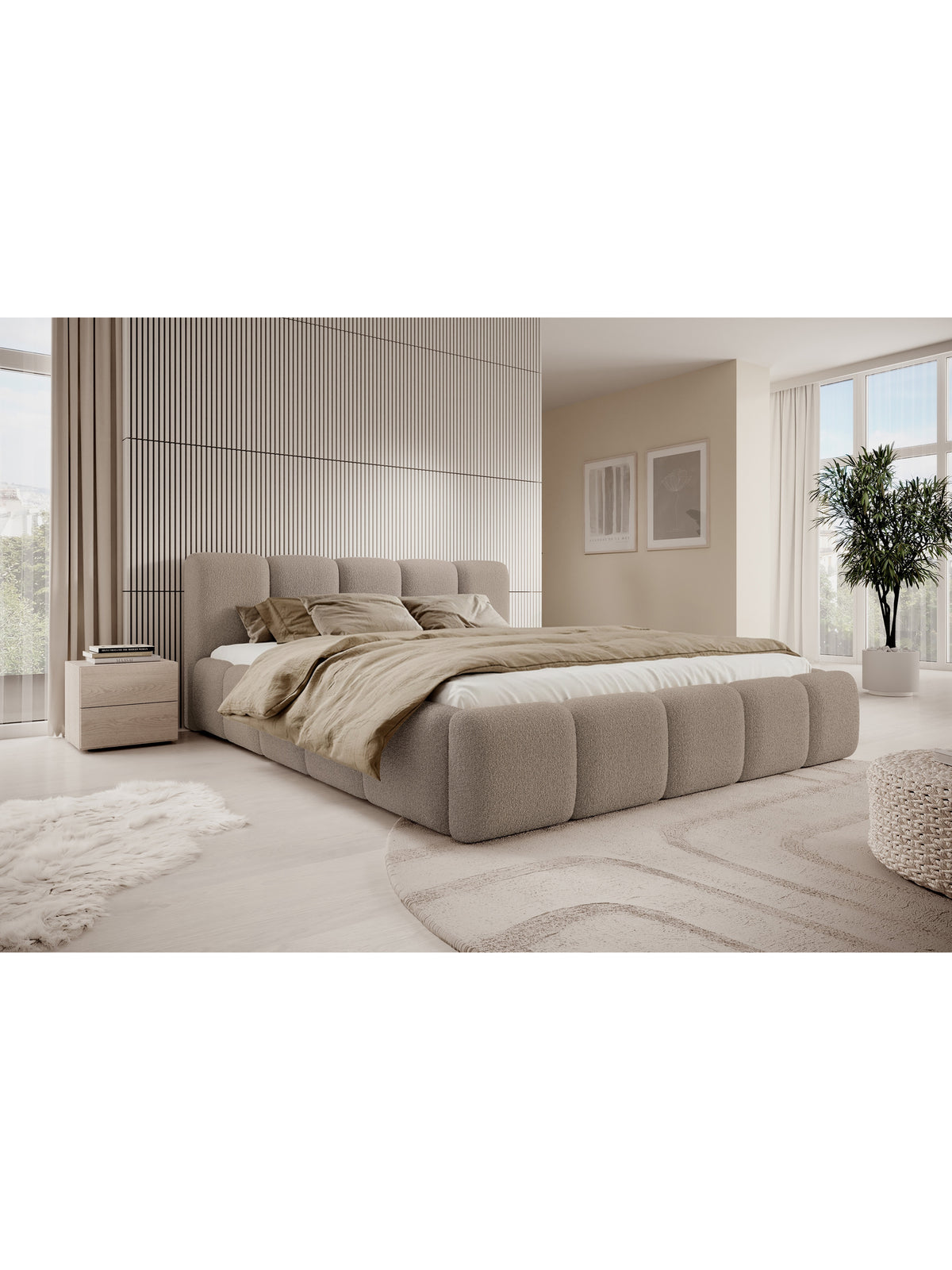 Łóżko tapicerowane Tesia 180x200 w ciemno beżowej tkaninie boucle Quelle 05, nowoczesne