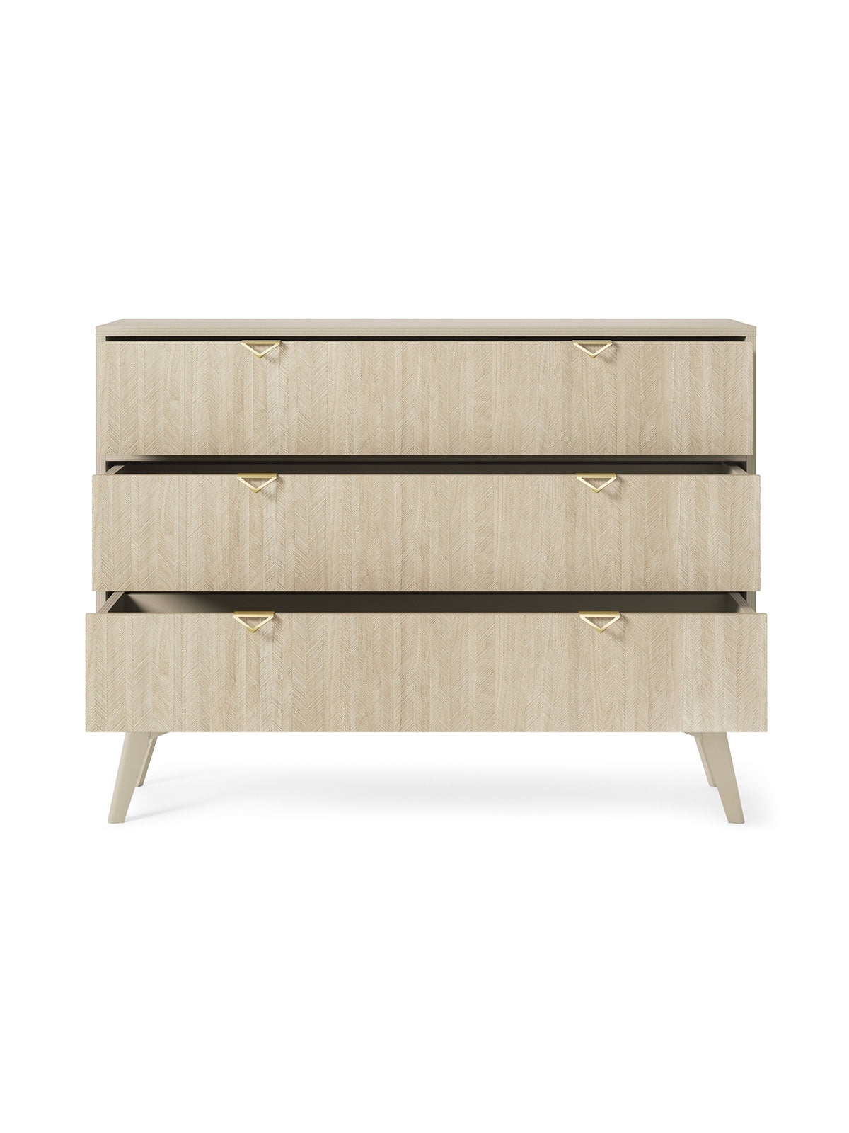 Komoda Lumira 106 cm beżowa z trzema szufladami i złotymi uchwytami, front jodełka scandi