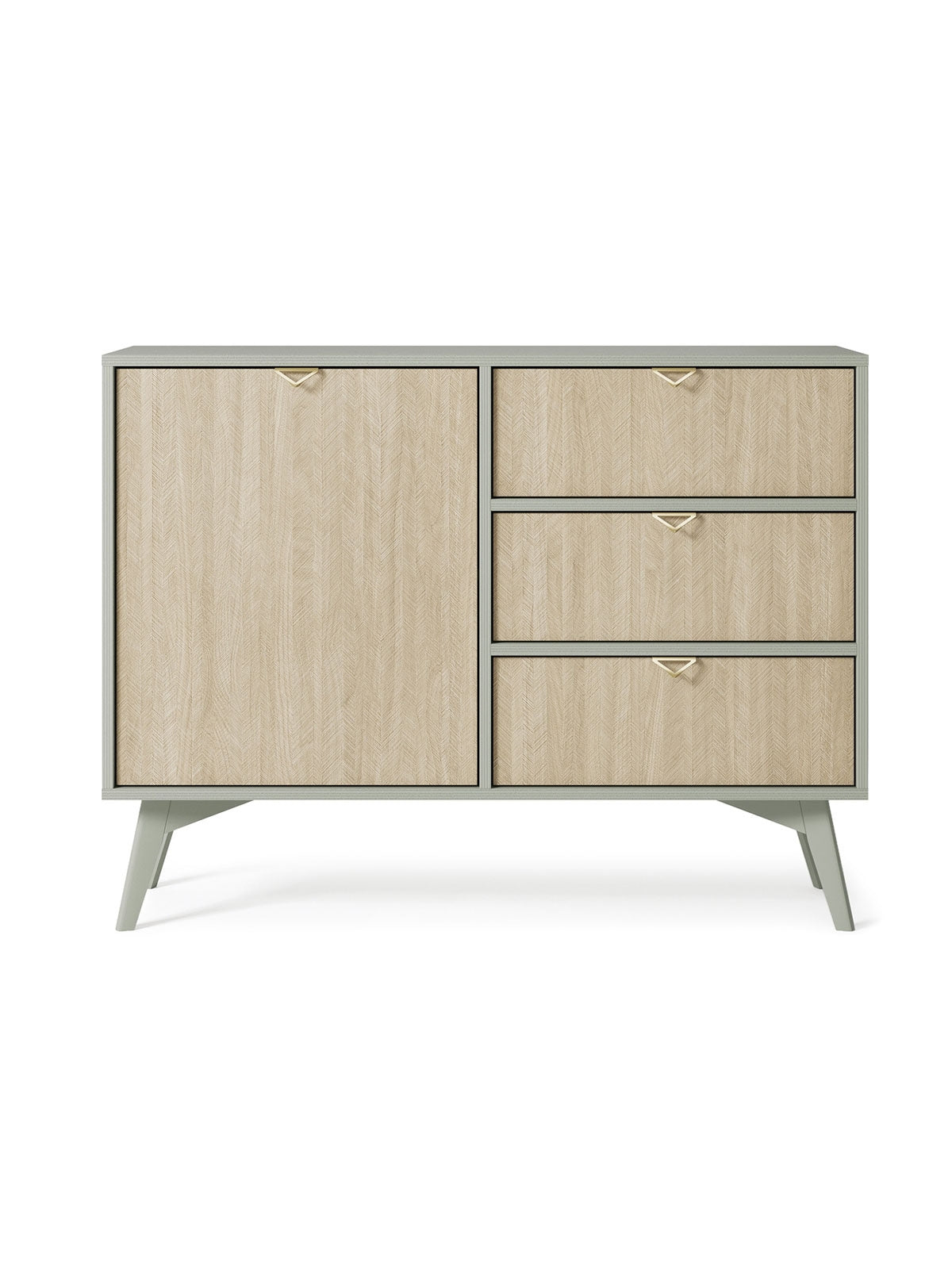 Komoda Lumira 106 cm oliwkowa z frontem jodełka i złotymi uchwytami, 1 drzwi, 3 szuflady