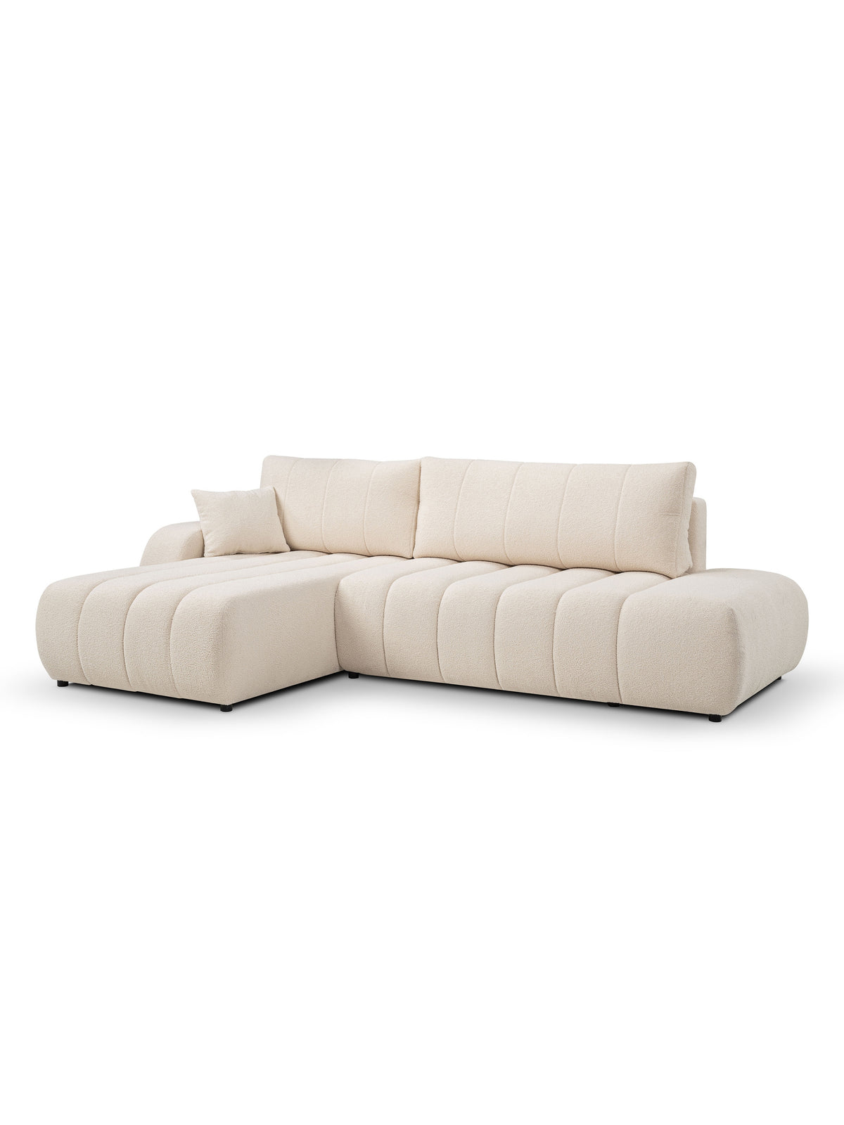Narożnik Zelio lewostronny jasny beż boucle Lambi 8 z funkcją spania, widok z przodu