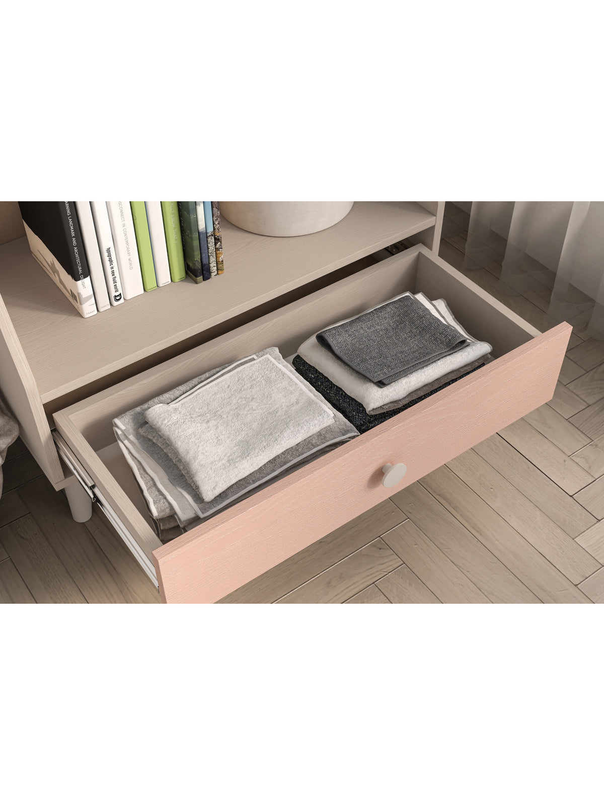 Regał dziecięcy Marla 72 cm, różowy front millenial pink, szuflada z pełnym wysuwem