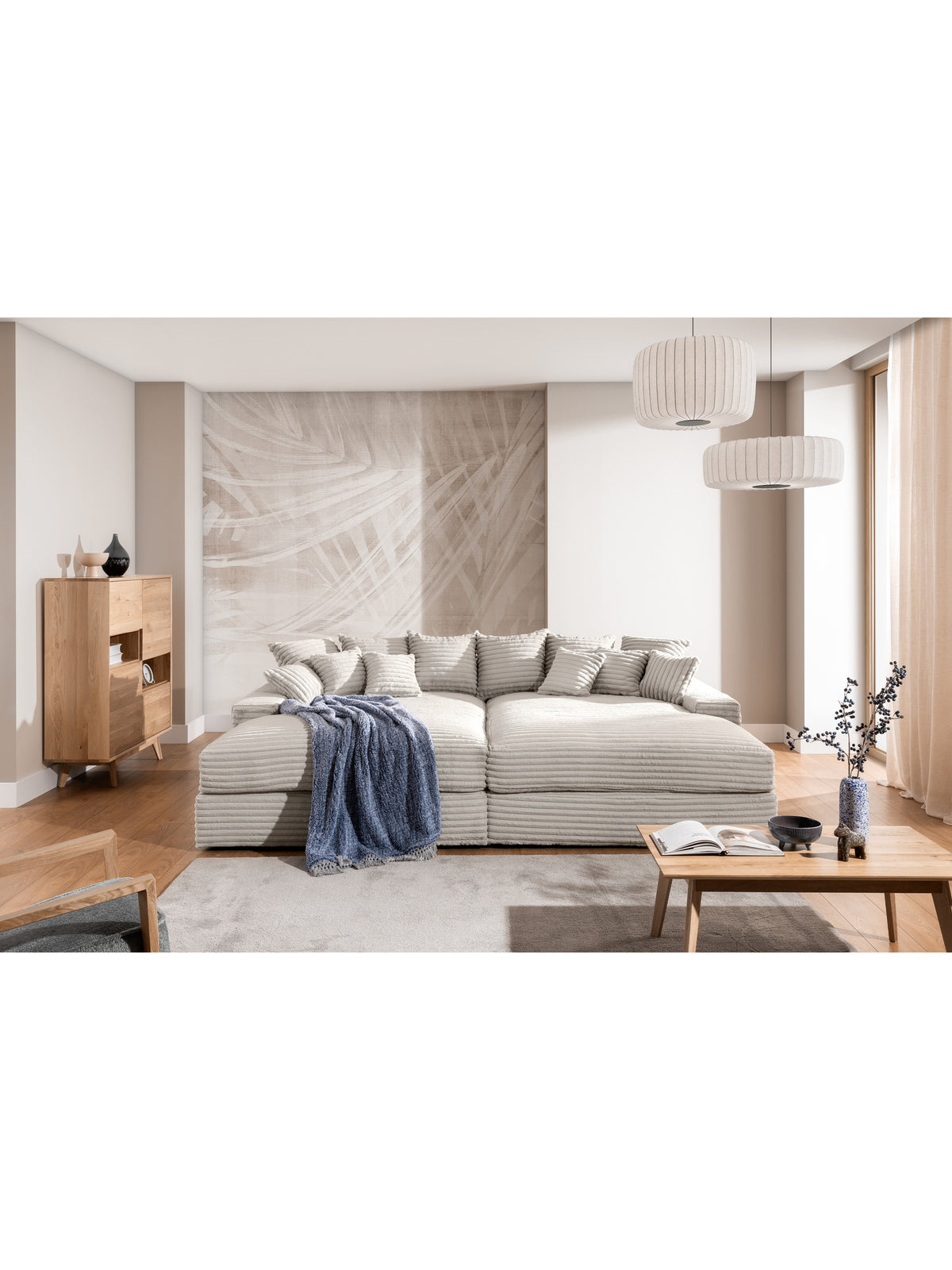 Sofa Warmi beżowa z pluszu Tilia 03 z głębokim siedziskiem i 12 poduszkami